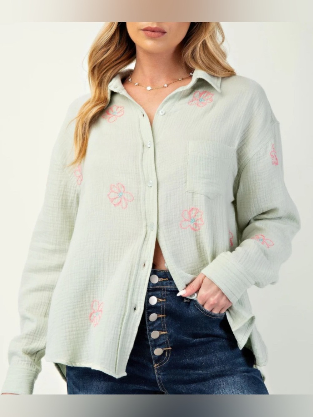 Floral Embroidered cotton gauze button down shirt/Sage & Pink: Small